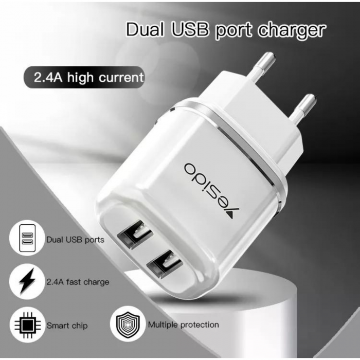 Incarcator priza Yesido YC26 - 2 porturi + calbu micro USB - alb [2]