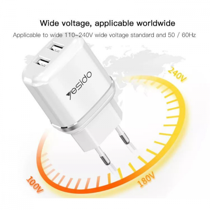 Incarcator priza Yesido YC26 - 2 porturi + calbu micro USB - alb [6]