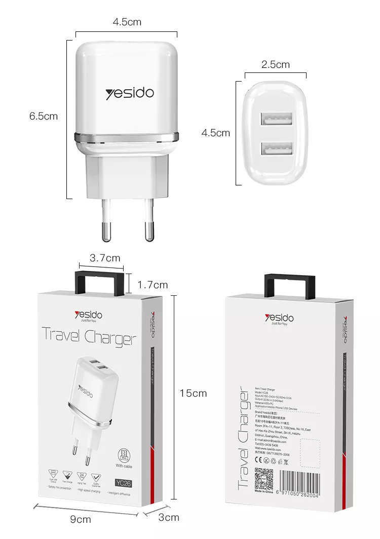 Incarcator priza Yesido YC26 - 2 porturi + calbu micro USB - alb [7]