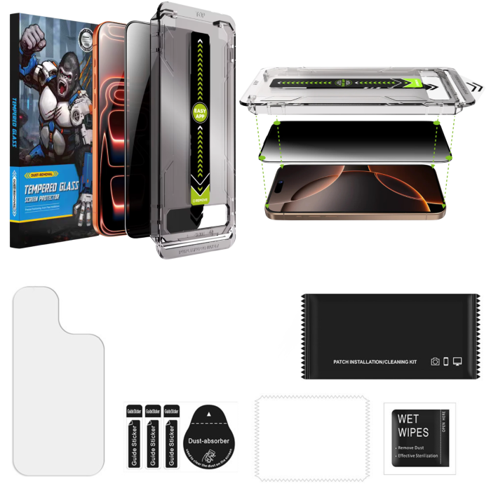 Kit Folie iPhone 14 Pro Max, din Sticla Privacy, Robotek Titan 2.0 Dust Removal Easy App [13]