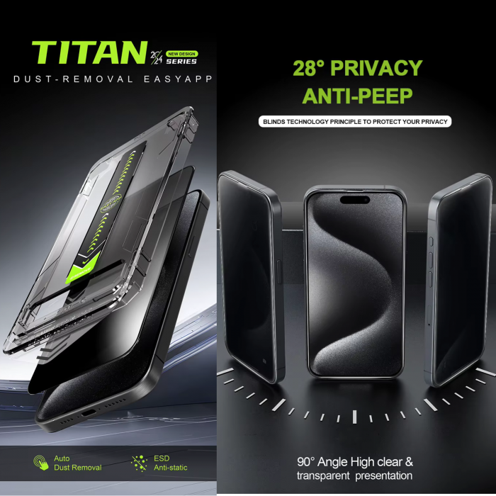 [Pachet 2in1] 2 Folii Sticla Privacy Titan si 1 Kit de instalare Dust Removal Easy App pentru iPhone 13 Pro Max/ 14 Plus [14]