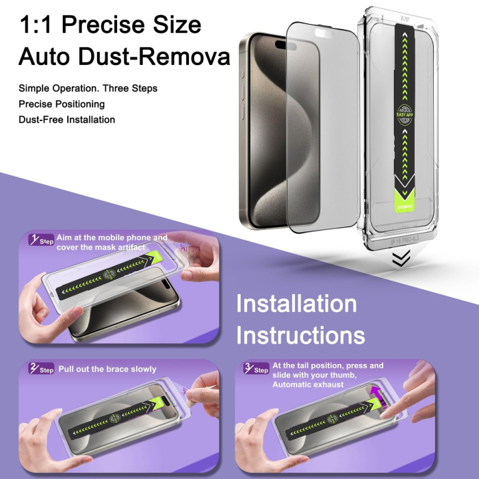 Kit Folie Sticla Mata Purple Light Eyes Protect, Titan Dust Removal Easy App pentru iPhone 16 Pro/ 17 [10]