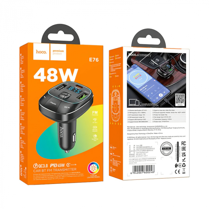 Modulator auto FM E76 hoco. cu Bluetooth si super fast charger PD45W+QC3.0, Black [6]