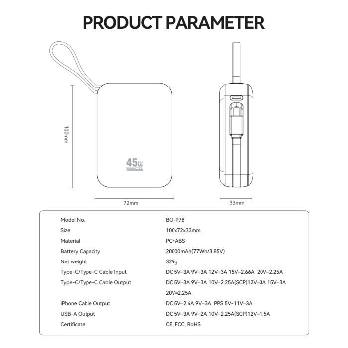 Power Bank 20.000mAh Fast Charging PD45W, With 2 Cables Type C and Lightning P78 silver [7]