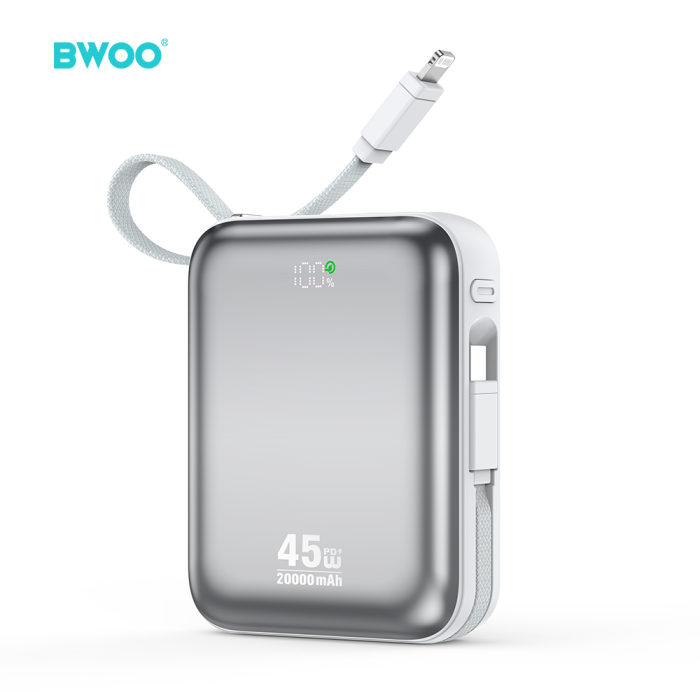 Power Bank 20.000mAh Fast Charging PD45W, With 2 Cables Type C and Lightning P78 silver [2]