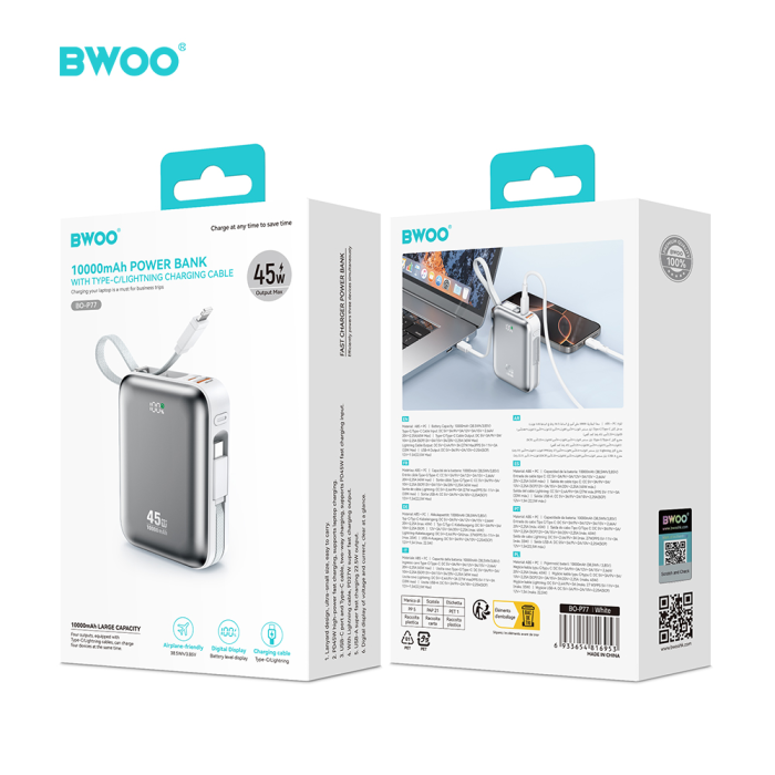 Power Bank P77 45W, 10000 mAh, BWOO with USB-C and Lightning cable, grey [8]