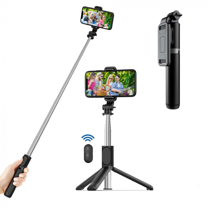 Selfie Stick si Suport trepied stabil și compact cu telecomandă Bluetooth (Q01), 101cm - Black [1]