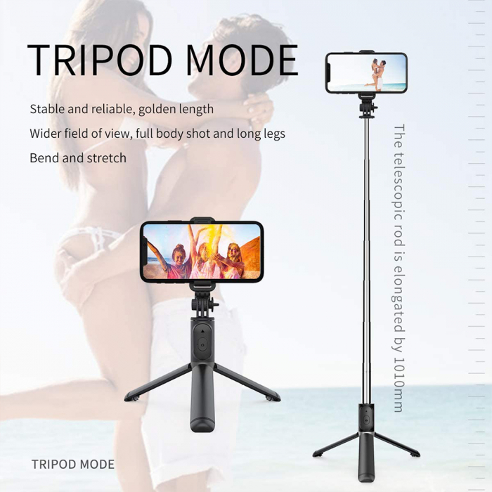 Selfie Stick si Suport trepied stabil și compact cu telecomandă Bluetooth (Q01), 101cm - Black [4]