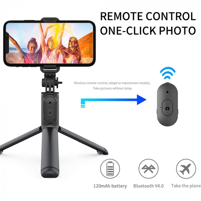 Selfie Stick si Suport trepied stabil și compact cu telecomandă Bluetooth (Q01), 101cm - Black [5]