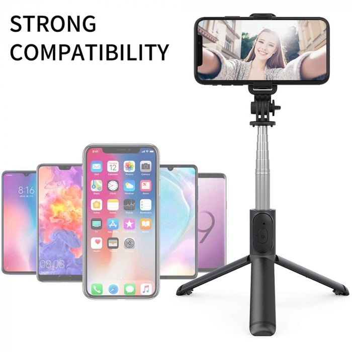 Selfie Stick si Suport trepied stabil și compact cu telecomandă Bluetooth (Q01), 101cm - Black [2]