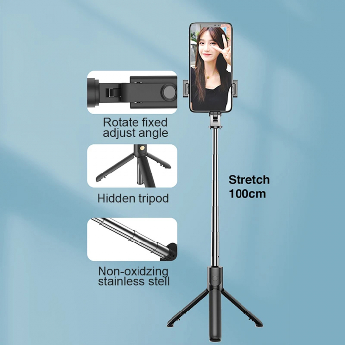 Selfie Stick si Suport trepied stabil și compact cu telecomandă Bluetooth (S05), 100cm - Black [5]