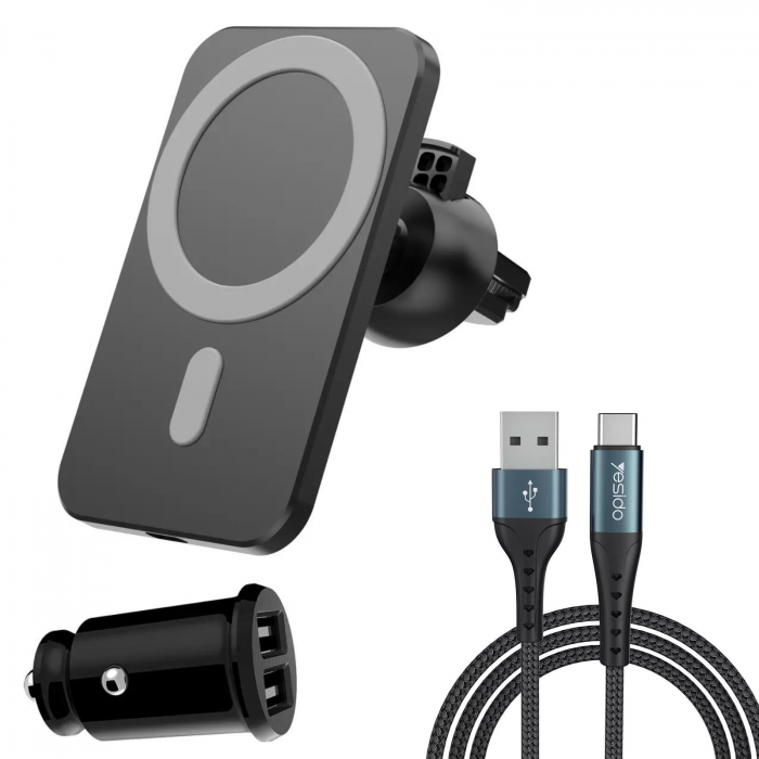 Set Suport MagSafe Auto cu Incarcare Wireless, Incarcator auto si cablu pentru iPhone, Negru [1]