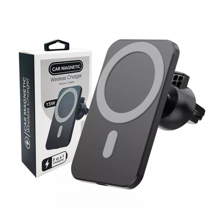 Set Suport MagSafe Auto cu Incarcare Wireless, Incarcator auto si cablu pentru iPhone, Negru [3]