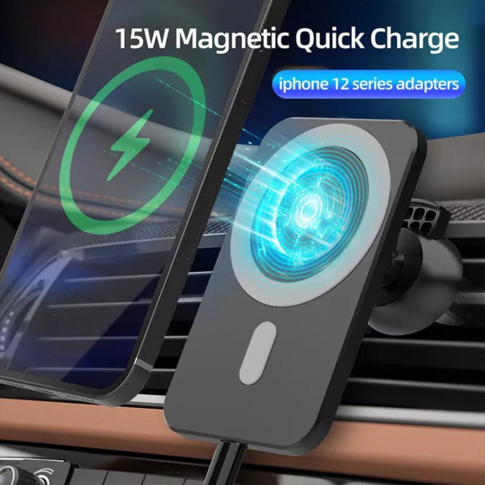 Set Suport MagSafe Auto cu Incarcare Wireless, Incarcator auto si cablu pentru iPhone, Negru [2]