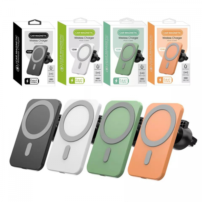 Set Suport MagSafe Auto cu Incarcare Wireless, Incarcator auto si cablu pentru iPhone, Alb [5]