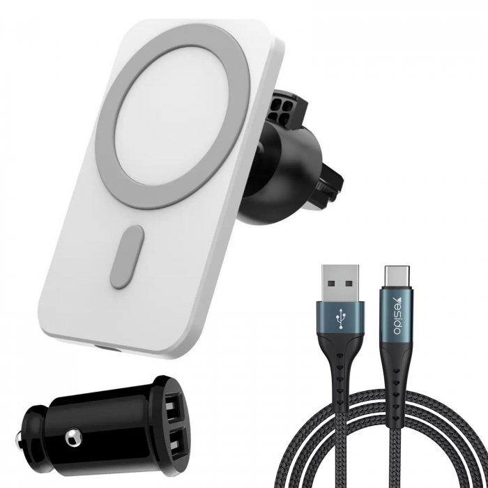 Set Suport MagSafe Auto cu Incarcare Wireless, Incarcator auto si cablu pentru iPhone, Alb [1]