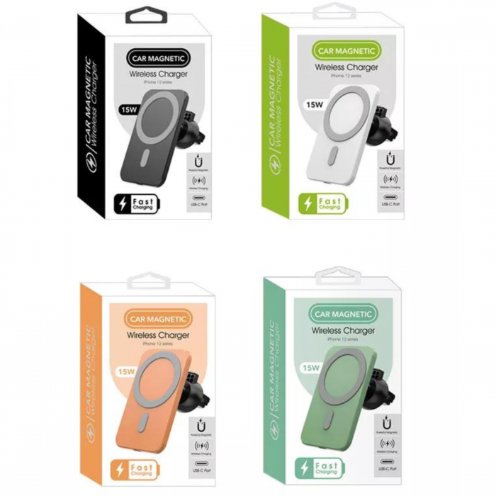 Set Suport MagSafe Auto cu Incarcare Wireless, Incarcator auto si cablu pentru iPhone, Alb [4]