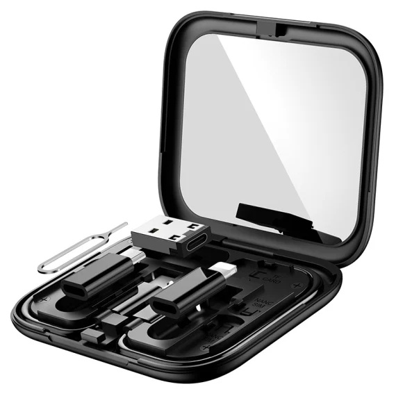 Set Travel, Multi Cable, 3A, Type-C + adaptoare MicroUSB/Lightning/USB, cheita SIM, Treasure, Negru [7]