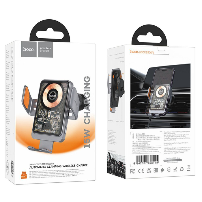 Suport auto cu incarcare wireless Hoco 15 W cu orificiu de ventilație HW7 gri [9]