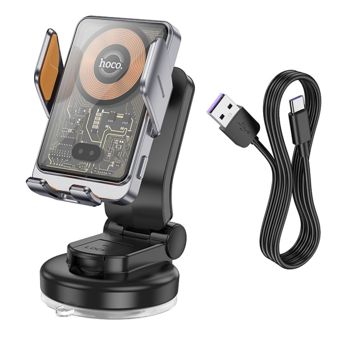 Suport auto cu incarcare wireless Hoco 15 W pentru parbriz / bord HW8 negru [2]