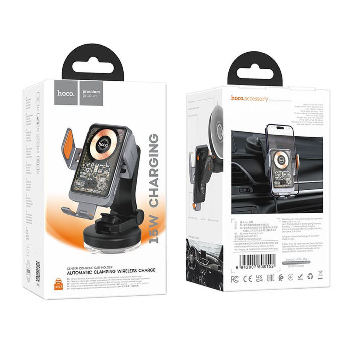 Suport auto cu incarcare wireless Hoco 15 W pentru parbriz / bord HW8 negru [9]