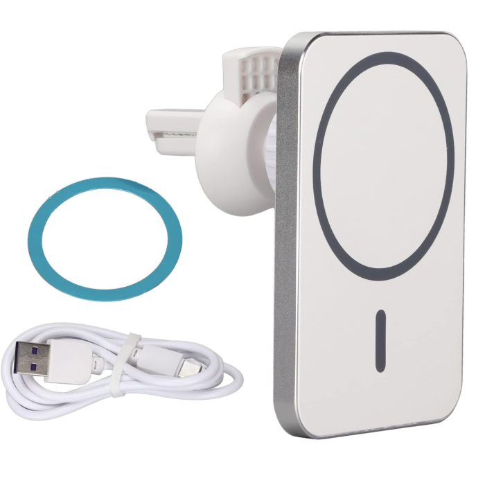 Suport Auto din aluminiu cu MagSafe si Incarcare Wireless, Alb [4]