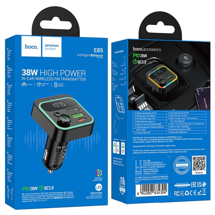 Transmițător auto HOCO FM Bluetooth 2 x USB A + Tip C PD QC3.0 20W E85 negru [8]
