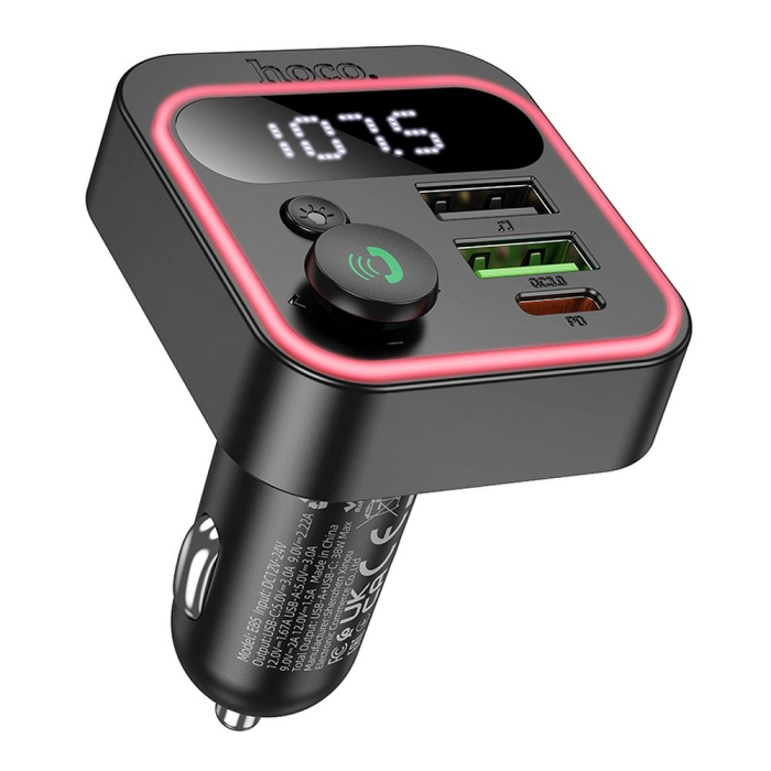 Transmițător auto HOCO FM Bluetooth 2 x USB A + Tip C PD QC3.0 20W E85 negru [7]