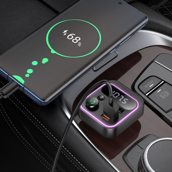Transmițător auto HOCO FM Bluetooth 2 x USB A + Tip C PD QC3.0 20W E85 negru [2]