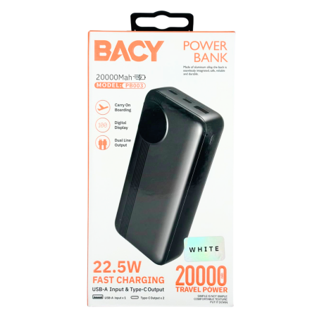 Baterie Externa 20.000 mAh BACY, Port 2x Type C, 1x USB Digital Display, Fast Charging 22.5W, Att Cable 2x 15cm, 1 type c + 1 lightning [3]