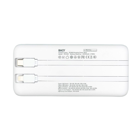 Baterie Externa 20.000 mAh BACY, Port 2x Type C, 1x USB Digital Display, Fast Charging 22.5W, Att Cable 2x 15cm, 1 type c + 1 lightning [1]