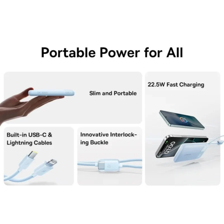 Baterie externa Baseus EnerFill FC11 10.000 mAh, 22.5W, cabluri USB-C + Lightning integrate, Display, Blue [2]
