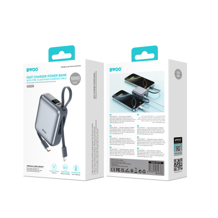Baterie Externa BWOO P74 22.5W 10.000 mAh with 2 built-in cables 1 x USB-C 1 x Lightning black [10]
