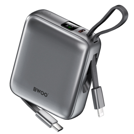 BATERII EXTERNE - Baterie Externa BWOO P74 22.5W 10.000 mAh with 2 built-in cables 1 x USB-C 1 x Lightning black