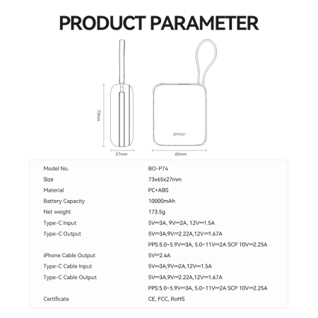 Baterie Externa BWOO P74 22.5W 10.000 mAh with 2 built-in cables 1 x USB-C 1 x Lightning black [9]