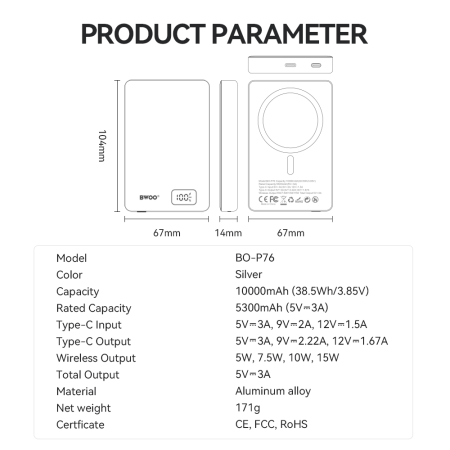 Baterie Externa ultra-slim aluminium magnetic BWOO P76 PD 20W 10.000 mAh with digital display and USB-C port black [11]