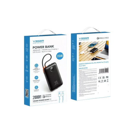 Baterie externă Veger K2 (W2068) PD QC3.0 35W 20000 mAh cu cabluri Type C încorporate / Negru lightning [9]