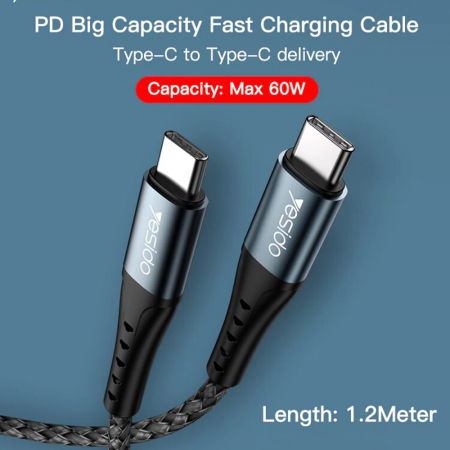 Data Cable (CA66) - Type- C to Type-C, 60W, QC & PD, 3A, 1.2m - Black [1]