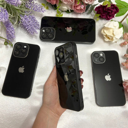 Husa din Sticla si Silicon cu Protectie Lentile Camera pentru iPhone 15, Black-Glossy [2]