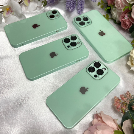 Husa din Sticla si Silicon cu Protectie Lentile Camera pentru iPhone 15, Fruit Green-Glossy [4]