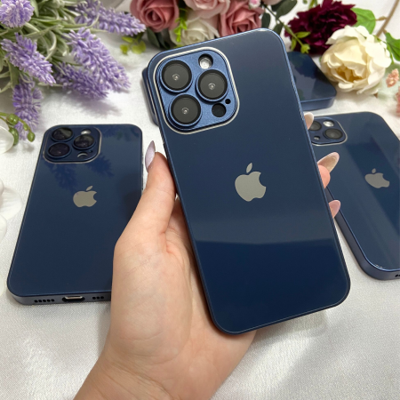 Husa din Sticla si Silicon cu Protectie Lentile Camera pentru iPhone 15 Plus, Navy Blue-Glossy [1]