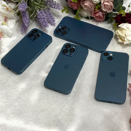 Husa din Sticla si Silicon cu Protectie Lentile Camera pentru iPhone 14, Navy Blue-Mat [4]