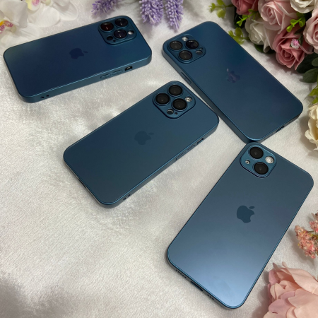 Husa din Sticla si Silicon cu Protectie Lentile Camera pentru iPhone 14, Navy Blue-Mat [5]
