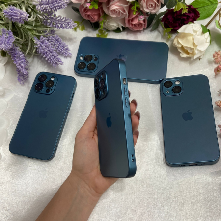 Husa din Sticla si Silicon cu Protectie Lentile Camera pentru iPhone 15, Navy Blue-Mat [2]