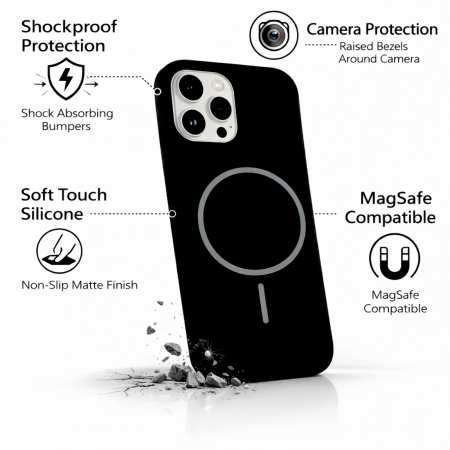 Husa iPhone 13 Pro din Silicon cu Microfibra la Interior si MagSafe, Black [1]