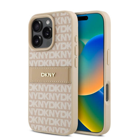 IPHONE 14 PRO - Husa iPhone 14 Pro, DKNY PU Leather Repeat Pattern Tonal Stripe, Pink Nude