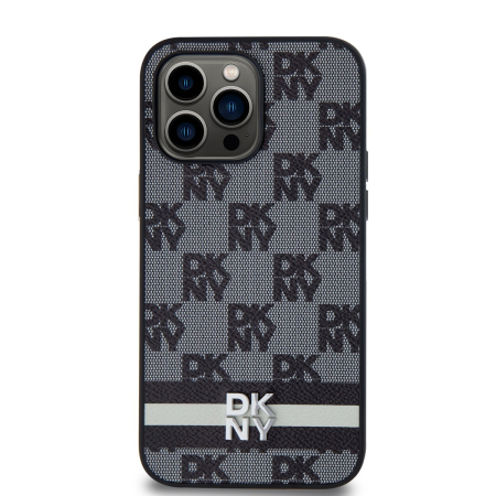 Husa iPhone 14 Pro Max, DKNY PU Leather Checkered Pattern and Stripe, Black [1]