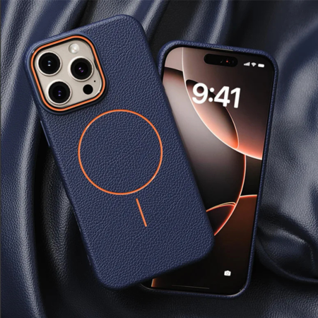 Husa iPhone 17, Silicon Texturat cu Protectie Interioara din Piele si MagSafe, Albastra [3]