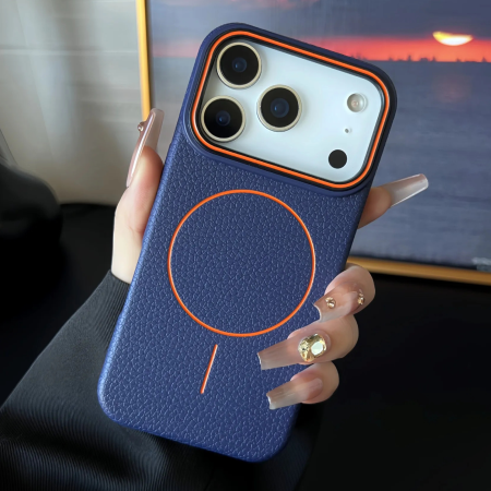 Husa iPhone 16 Pro Max, Silicon Texturat cu Protectie Interioara din Piele si MagSafe, Albastra [2]