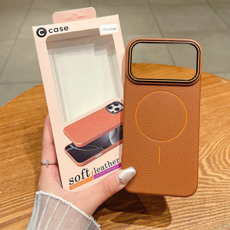 Husa iPhone 15 Pro, Silicon Texturat cu Protectie Interioara din Piele si MagSafe, Orange-Brown [6]